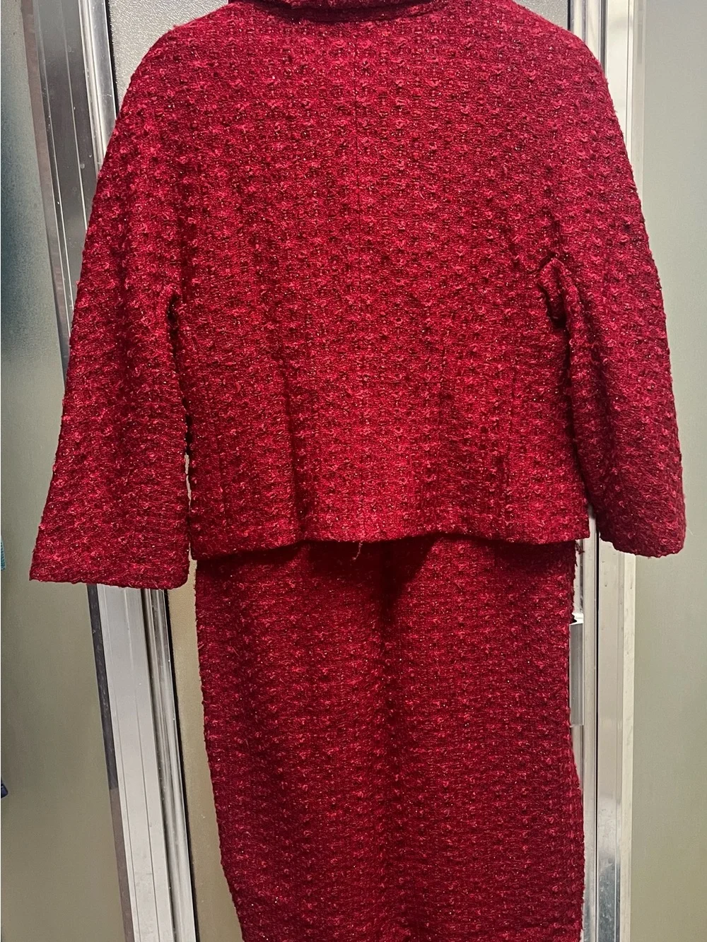 St. John Red Tweed Skirt Suit with Decorative Buttons - Picture 2 of 4